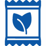 Blue icon of an organic snack package with a leaf symbol, representing natural and eco-friendly snack packaging.