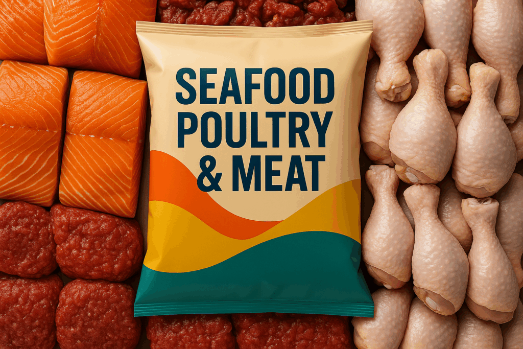 Vacuum-sealed pillow bag labeled “Seafood, Poultry & Meat” surrounded by fresh salmon fillets, chicken drumsticks, and ground beef patties, representing protein packaging trends.