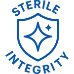 Blue sterile integrity icon featuring a shield with a sparkle symbol, representing cleanliness and contamination-free medical packaging.
