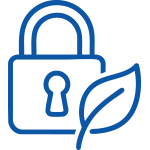 Blue line icon of a padlock with a leaf, symbolizing locked-in freshness and product preservation.