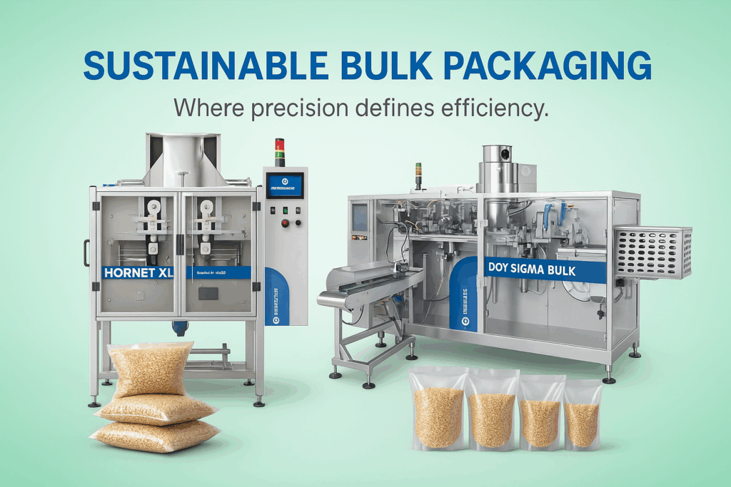 Unified Flex Hornet XL and DOY Sigma Bulk packaging machines with filled pouches of bulk grains, showcasing sustainable bulk packaging solutions.