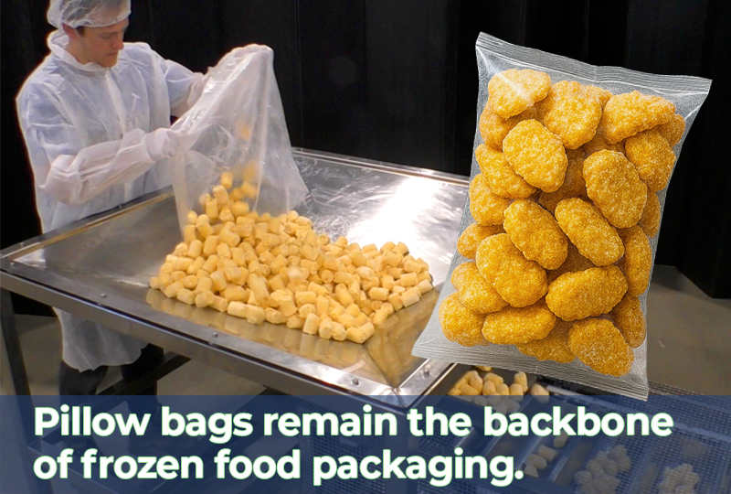 Worker packaging frozen potato products into clear pillow bags on a stainless steel table, with a close-up of a sealed pillow bag filled with frozen nuggets.