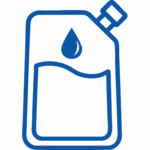Blue line icon of a spouted pouch with a liquid drop symbol inside, representing liquid packaging.