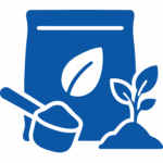 Blue icon of a protein powder pouch with a leaf and scoop symbolizing plant-based packaging.