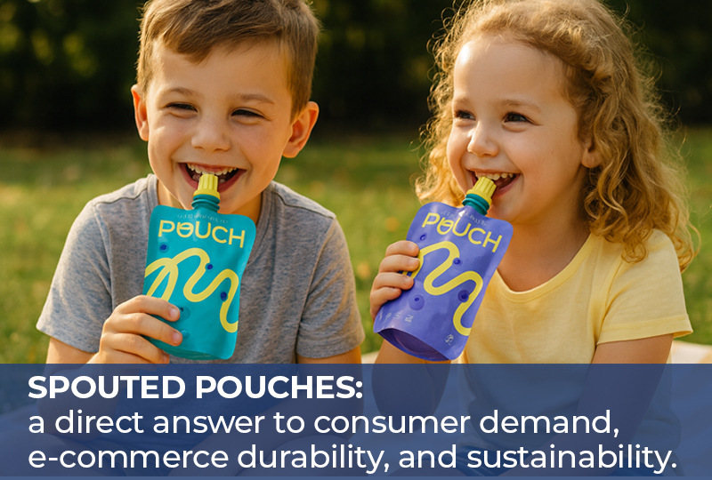 Two children sitting outdoors drinking from colorful spouted pouches, showing the convenience and sustainability of modern liquid packaging.