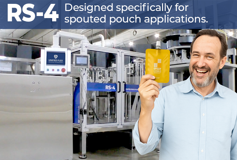 Man standing in front of the Unified Flex RS-4 liquid packaging machine, holding a filled spouted pouch, showcasing its use in modern pouch applications.