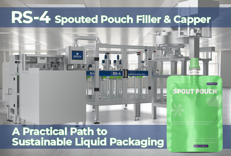 Unified Flex Spouted Pouch Filler and Capper RS-4 shown with a filled spouted pouch, highlighting its role in sustainable liquid packaging.