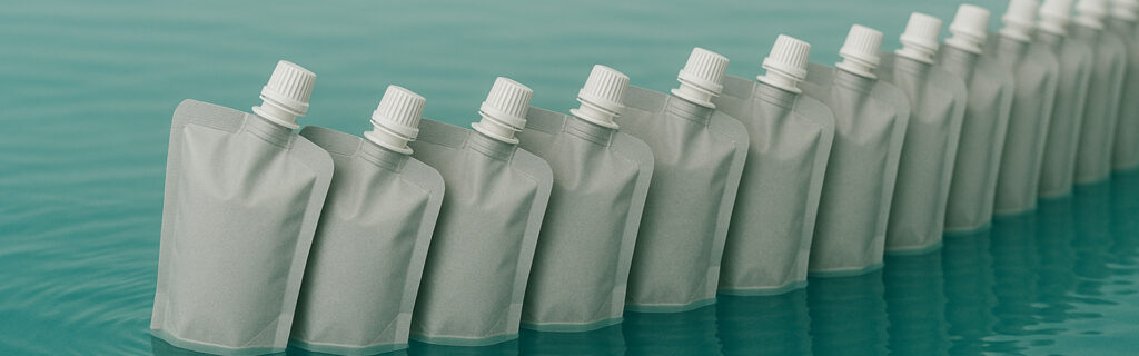 Five silver spouted pouches standing in a row on a turquoise water-like surface, reflecting the pouches and emphasizing their flexible packaging design.
