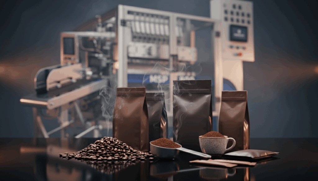 Coffee packaging machine operating on a production line with roasted coffee beans and pouches in a factory setting