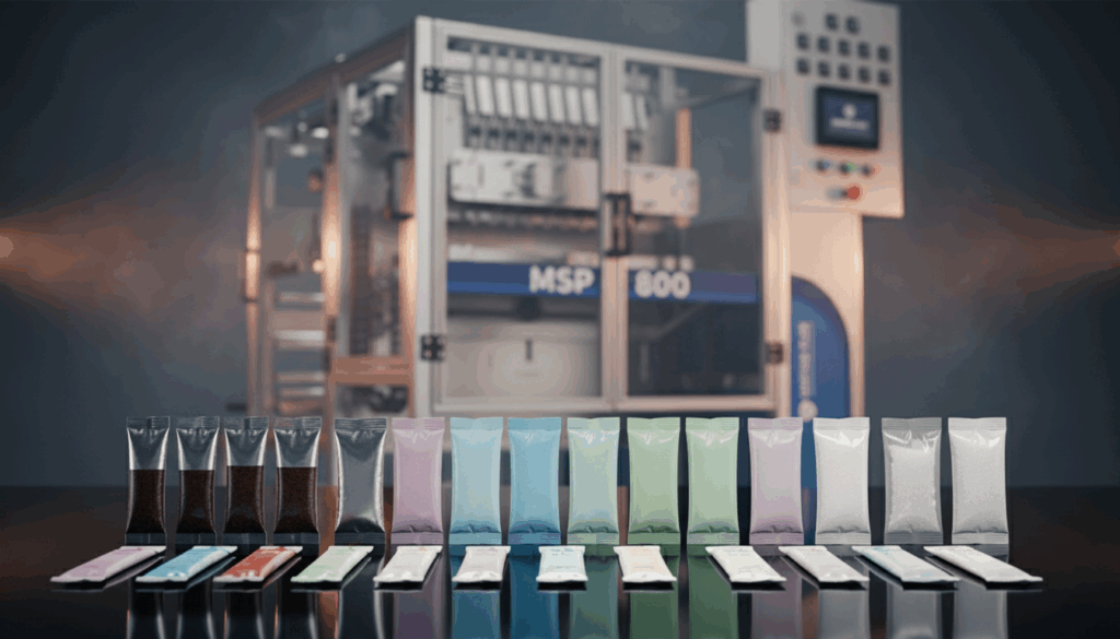 Stick pack machine filling and sealing single-serve packets in a food and pharmaceutical production line