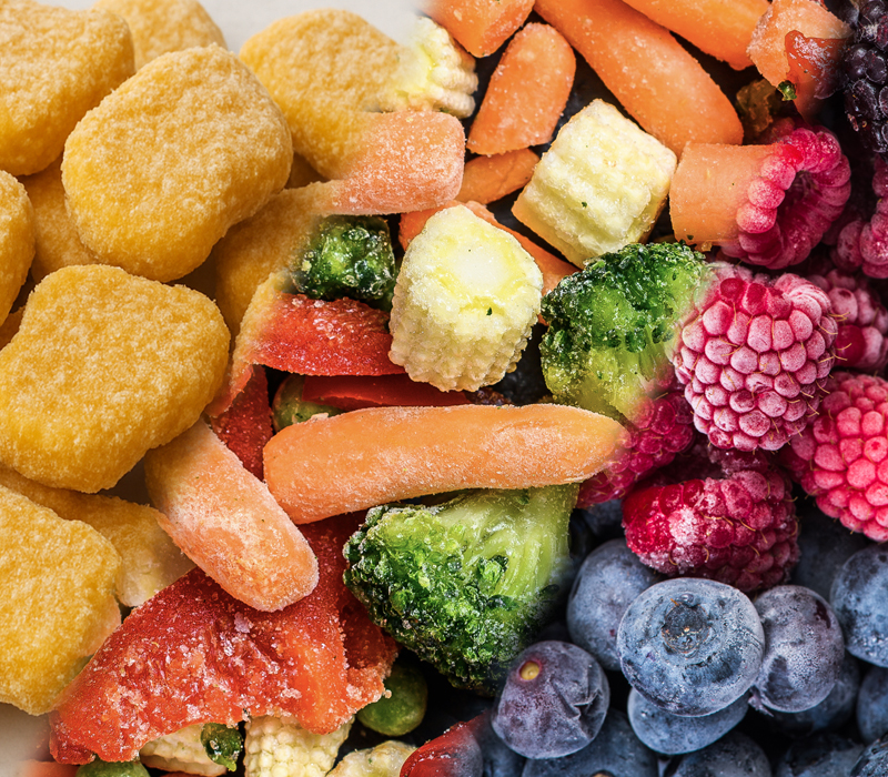 Frozen chicken nuggets, vegetables, and berries representing IQF frozen food packaging solutions.