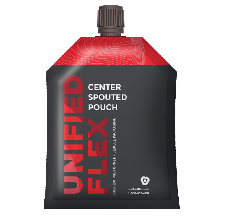 Center spouted pouch by Unified Flex designed for efficient and reliable liquid packaging applications.