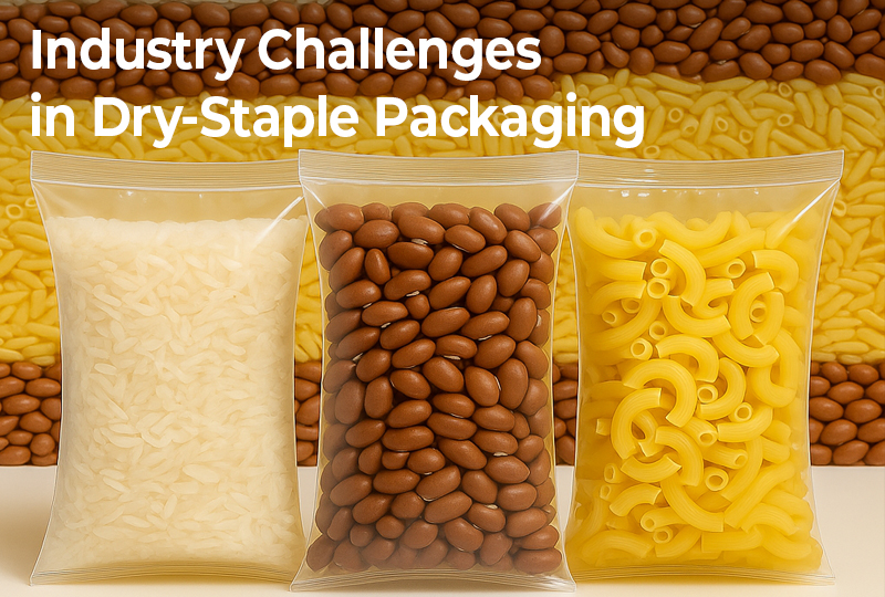 Three clear plastic bags filled with rice, beans, and pasta displayed in front of a background made of the same dry staples, with the text “Industry Challenges in Dry-Staple Packaging.