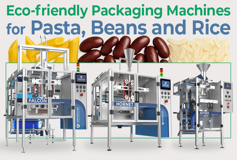 Eco-friendly packaging machines for pasta, beans, and rice, featuring the Falcon, Hornet, and AP180 models with product images in the background.