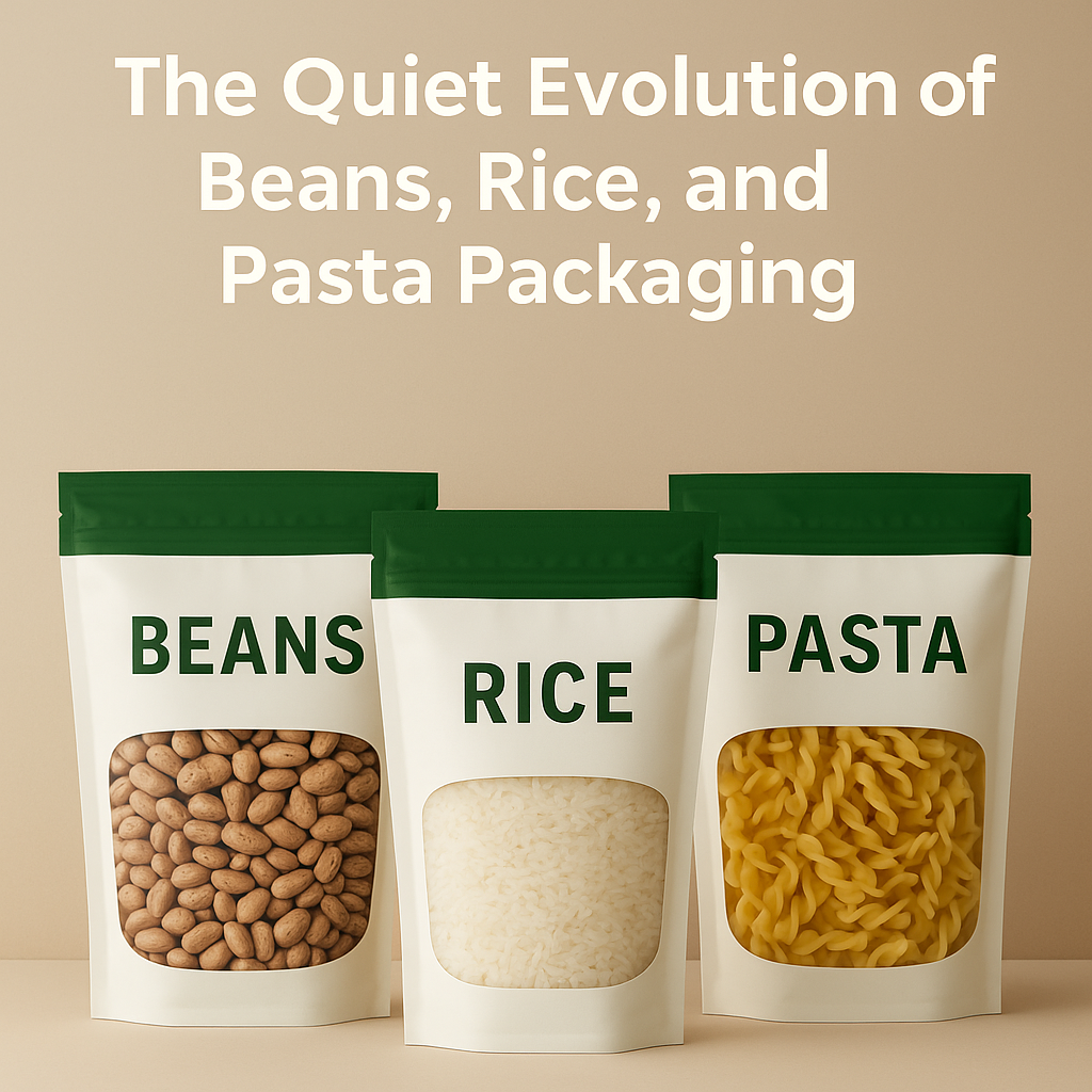 Three stand-up pouches labeled beans, rice, and pasta displayed against a neutral background with the text “The Quiet Evolution of Beans, Rice, and Pasta Packaging.”