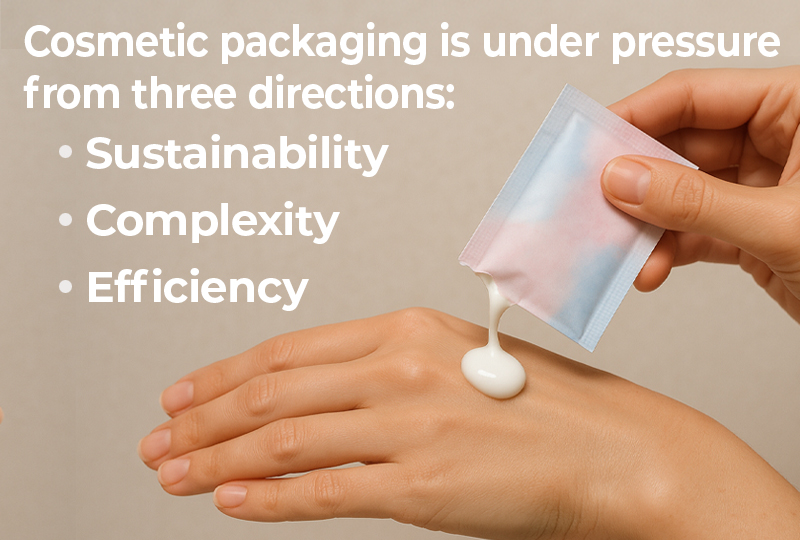A person squeezes a white cosmetic cream from a small sachet onto their hand, illustrating single-use cosmetic packaging challenges related to sustainability, complexity, and efficiency.