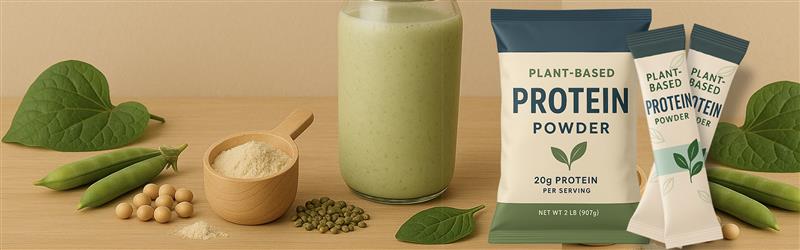 A package of plant-based protein powder with two single-serve stick packs, a green protein shake in a bottle, and natural ingredients like peas, soybeans, and spinach on a wooden surface.