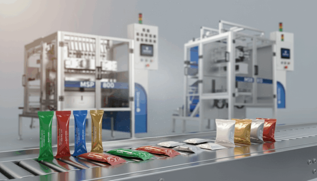 A comparison scene showing a stick pack machine beside a sachet packaging machine with small product samples on a table in front of them.