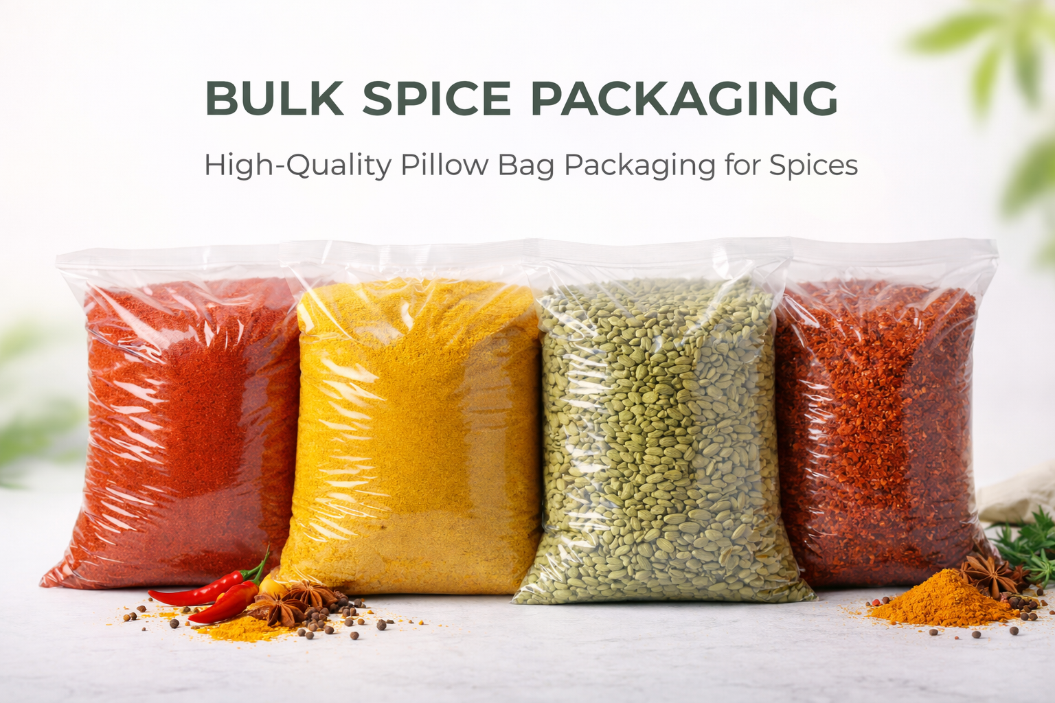 Bulk spice packaging in clear pillow bags with red chili powder, turmeric, cardamom, and flakes arranged on white surface