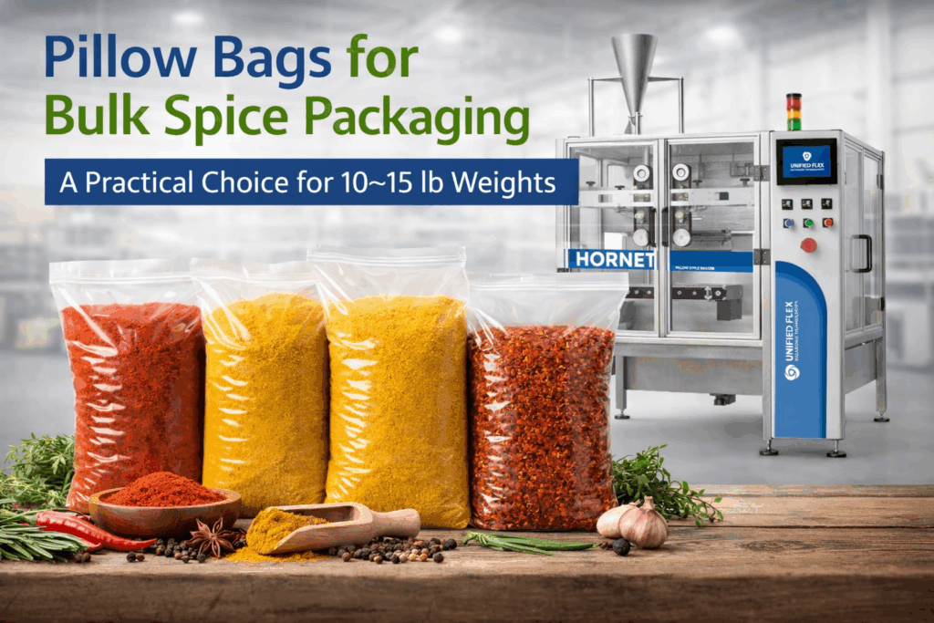 Spice packaging machine forming 10–15 lb pillow bags filled with bulk spices on a production floor.