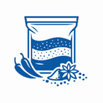 Illustrated icon of spice packaging showing a sealed bag with spices, peppers, and whole spice elements.