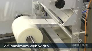 Roll of packaging film feeding into a machine’s film path; on-screen text reads “27” maximum web width” with Unified Flex branding in the corner.