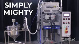 Compact packaging machine with clear safety guarding beside a stainless product bowl; text reads “SIMPLY MIGHTY,” with an operator control panel on the right.