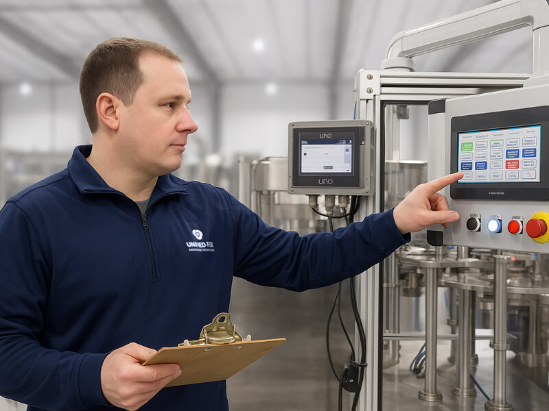 Engineer operating a touchscreen control panel on a packaging machine while holding a clipboard inside a clean, industrial production facility.