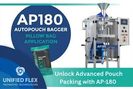 Auto Pouch Bagger AP180 shown with a green pillow bag sample, alongside the text “Pillow Bag Application” and “Unlock Advanced Pouch Packing with AP-180,” plus Unified Flex branding.