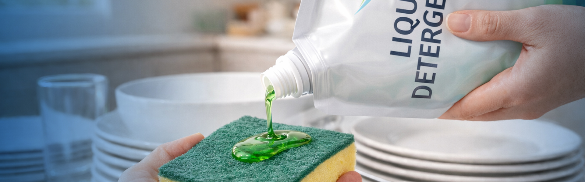 Liquid detergent packaging machine filling liquid detergent into a flexible pouch for household cleaning products
