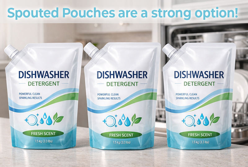 Three spouted pouches of dishwasher detergent displayed on a kitchen counter in front of an open dishwasher.