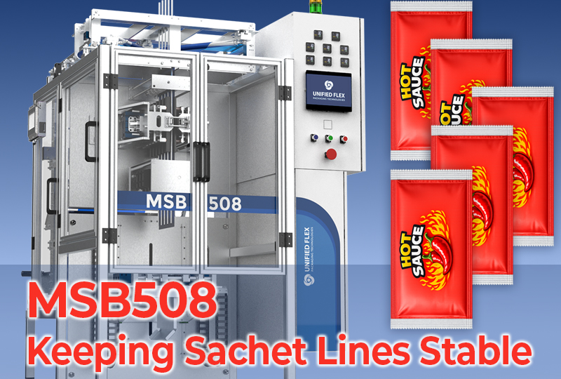 Condiment packaging machine MSB508 shown with finished sauce sachets for single-serve applications