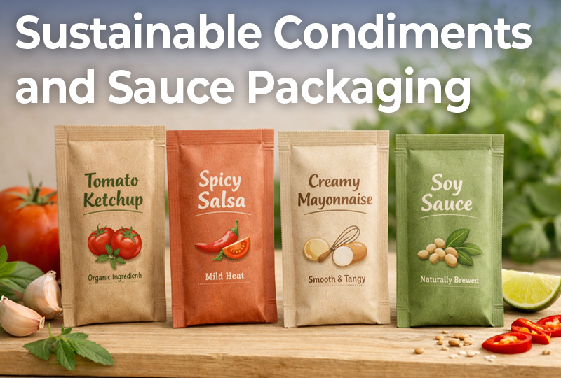 Sustainable sauce packaging shown through single-serve condiment sachets on a kitchen surface