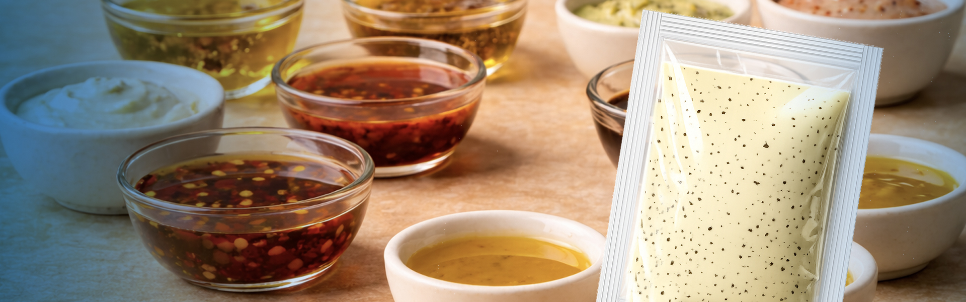 Single-serve pouch displayed with assorted sauces and dressings for sauces and condiments packaging