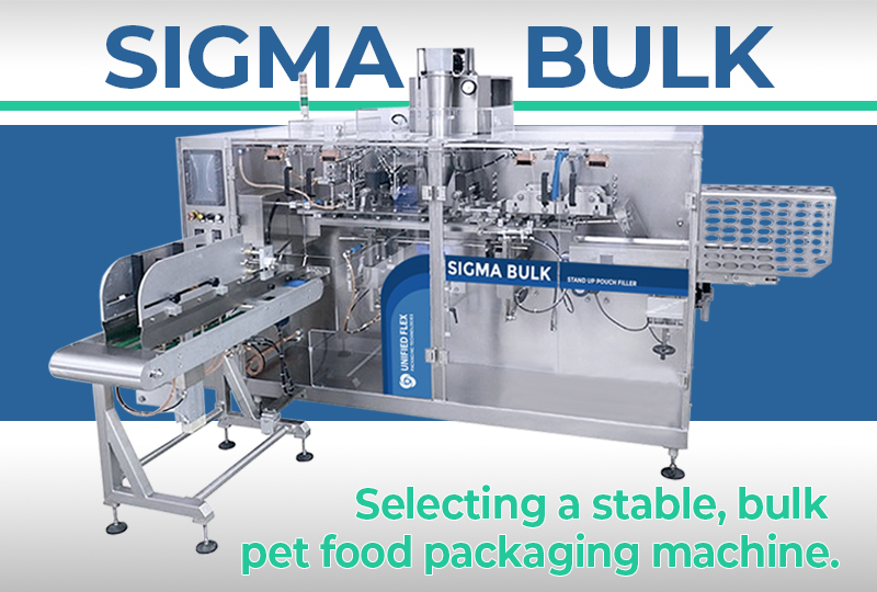 Sigma Bulk petfood packaging machine shown with integrated conveyor and automated pouch filling system.