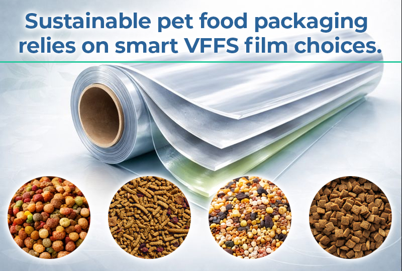 Rolls of flexible packaging film used for sustainable petfood packaging, shown alongside different types of dry pet food.
