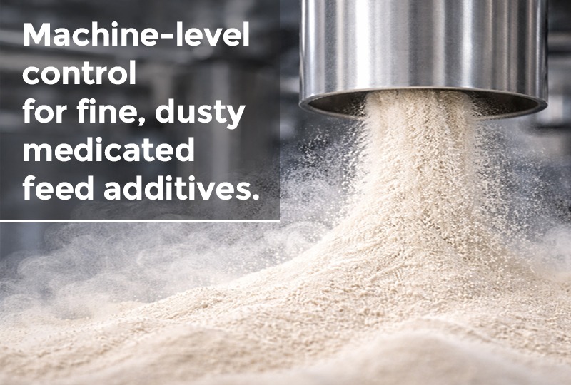 Fine, dusty medicated feed additive powder flowing from a stainless steel hopper with visible dust control during automated packaging.
