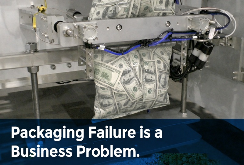 Flexible pouch on a packaging machine illustrating how packaging failures can lead to product loss and operational costs.