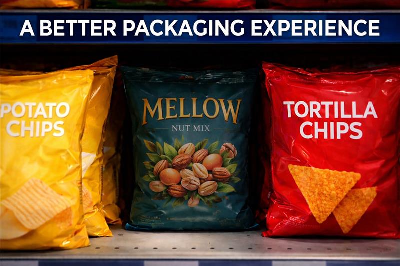 Three colorful snack bags on a store shelf, including potato chips, a nut mix pouch, and tortilla chips.