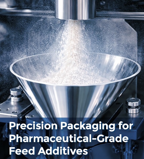 Fine pharmaceutical-grade feed additive powder dispensing into a stainless-steel hopper during precision packaging.
