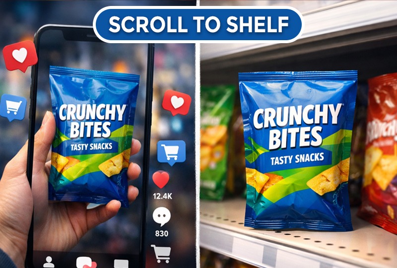 Mobile-to-retail packaging experience showing a snack pouch displayed on a smartphone screen beside the same pouch on a store shelf.