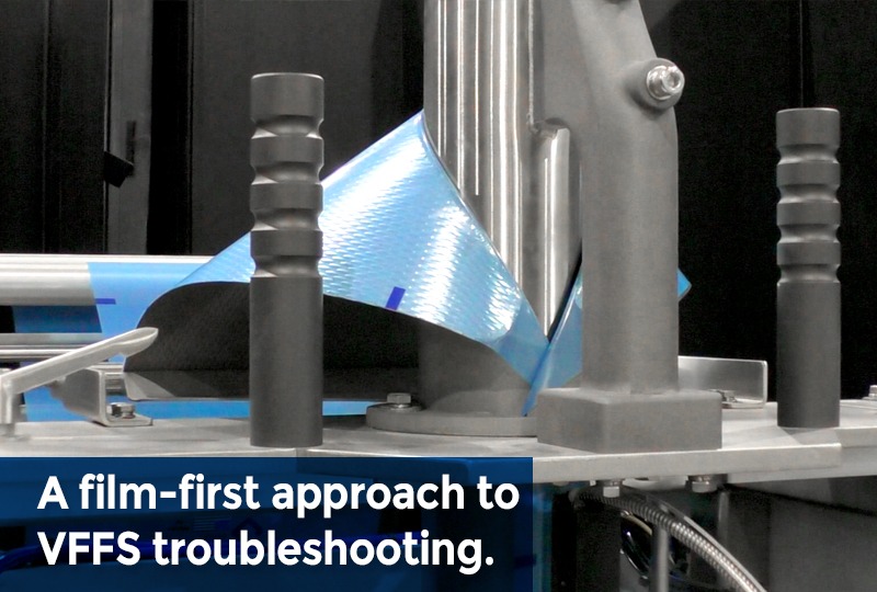 Film forming over a collar on a vertical form fill seal machine during VFFS troubleshooting.