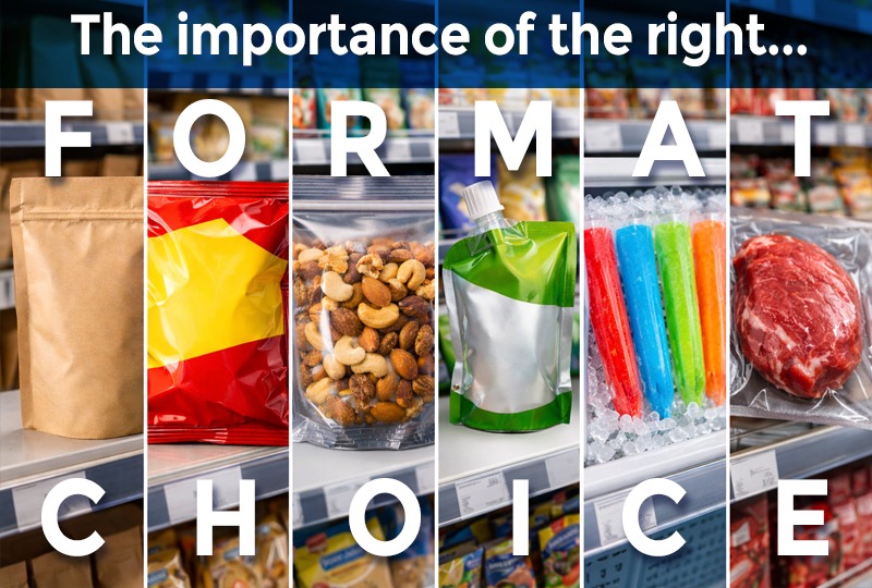 Assorted flexible packaging pouch formats displayed on a retail shelf, including kraft stand-up, pillow bag, clear nut pouch, spouted pouch, frozen sleeves, and vacuum-sealed meat packaging.