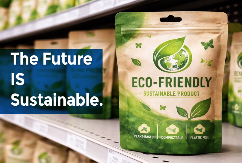 Sustainable flexible packaging pouch labeled eco-friendly and compostable displayed on a retail shelf.