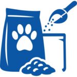 Blue icon of a pet food bag with paw print, scoop pouring powder, measuring cup, and pile of pet food.