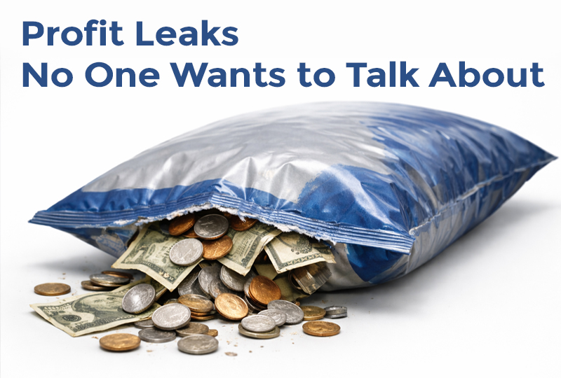 Damaged pouch leaking money symbolizing packaging failure and product loss