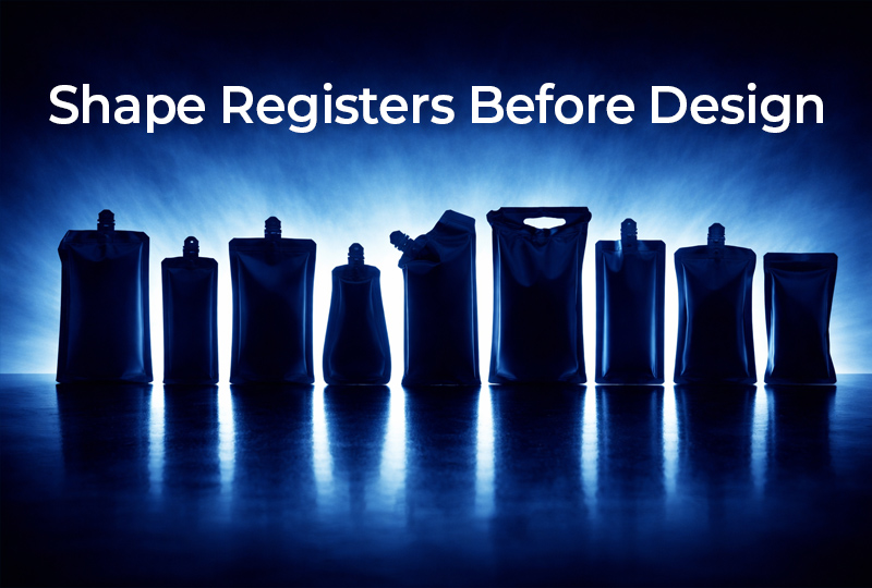 Flexible pouch packaging formats with spouts and handles shown as silhouettes before design development