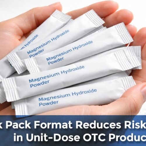 Magnesium Hydroxide stick pack packaging in hand with single-dose powder