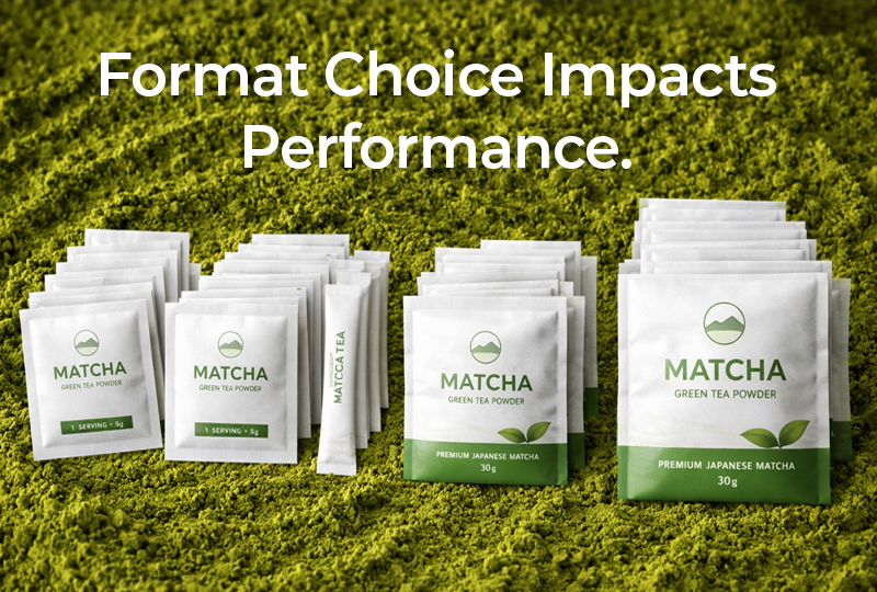Different matcha packaging formats including sachets, stick packs, and pouches displayed on matcha powder