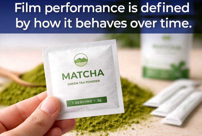 Hand holding matcha tea sachet packaging with stick packs and pouch in background